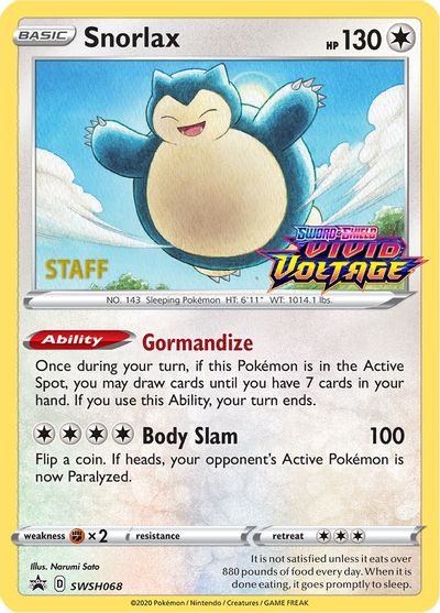 Snorlax (SWSH068) (Staff Prerelease Promo) [Sword & Shield: Black Star Promos] | Dumpster Cat Games