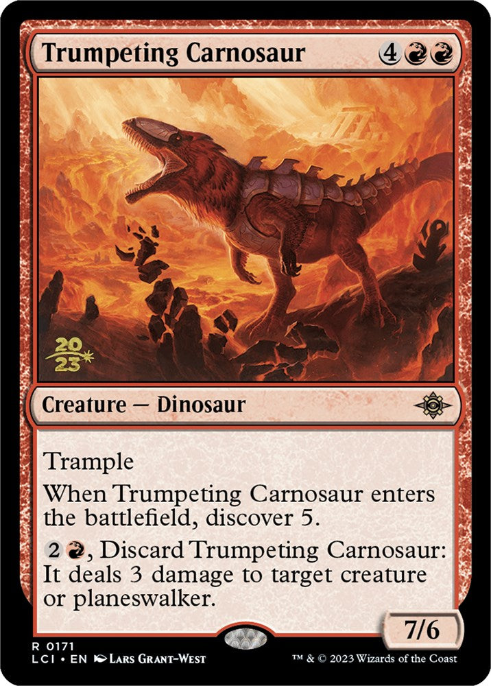 Trumpeting Carnosaur [The Lost Caverns of Ixalan Prerelease Cards] | Dumpster Cat Games