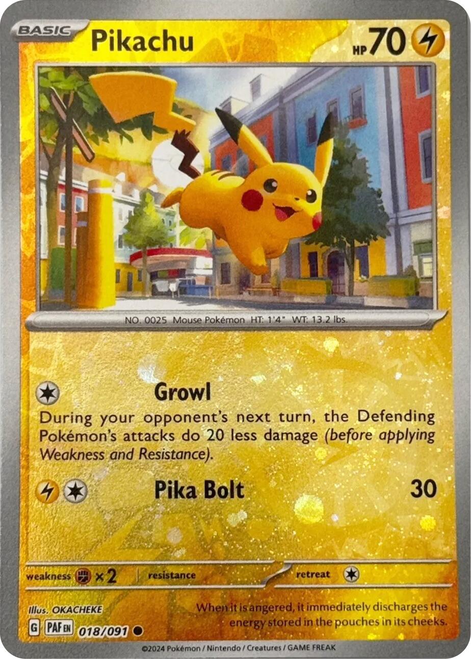 Pikachu (018/091) (Reverse Cosmos Holo) [Scarlet & Violet: Paldean Fates] | Dumpster Cat Games