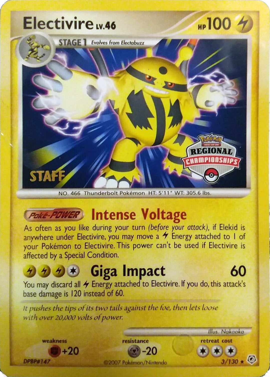 Electivire (003/130) (2008 Staff Regional Championships) [League & Championship Cards] | Dumpster Cat Games