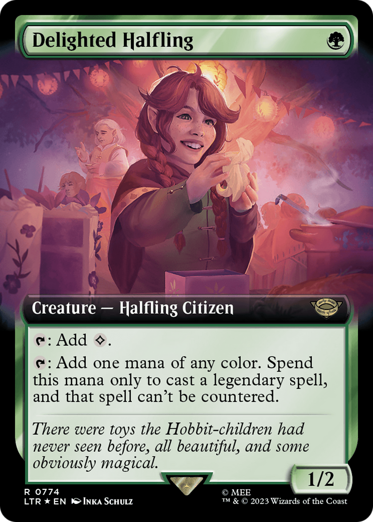 Delighted Halfling (Extended Art) (Surge Foil) [The Lord of the Rings: Tales of Middle-Earth] | Dumpster Cat Games