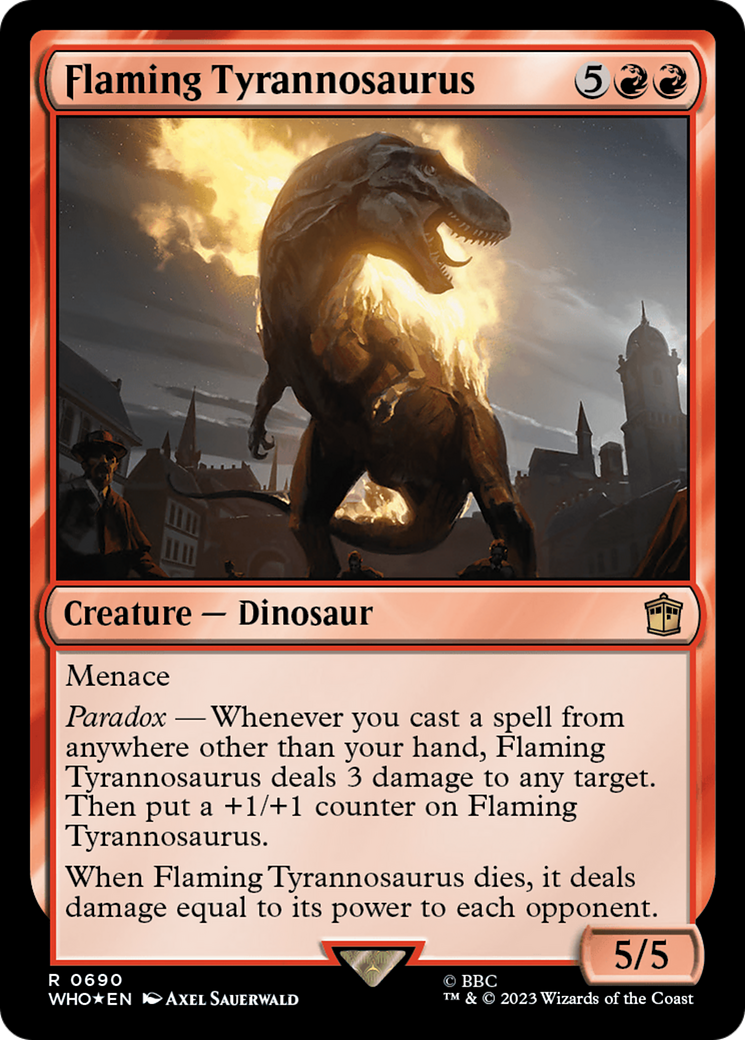 Flaming Tyrannosaurus (Surge Foil) [Doctor Who] | Dumpster Cat Games