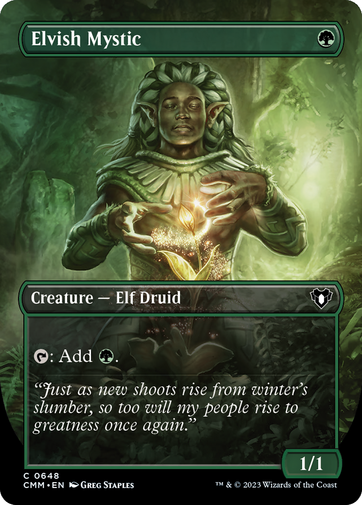 Elvish Mystic (Borderless Alternate Art) [Commander Masters] | Dumpster Cat Games