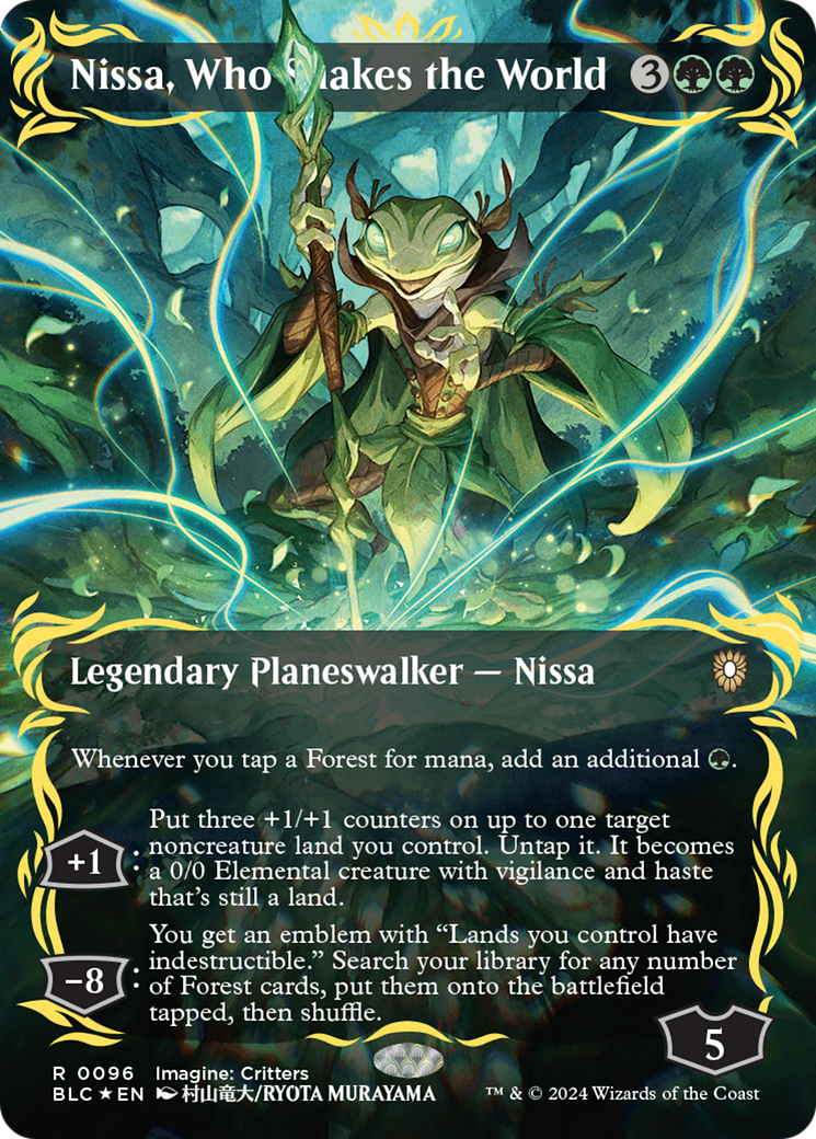 Nissa, Who Shakes the World (Borderless) (Raised Foil) [Bloomburrow Commander] | Dumpster Cat Games