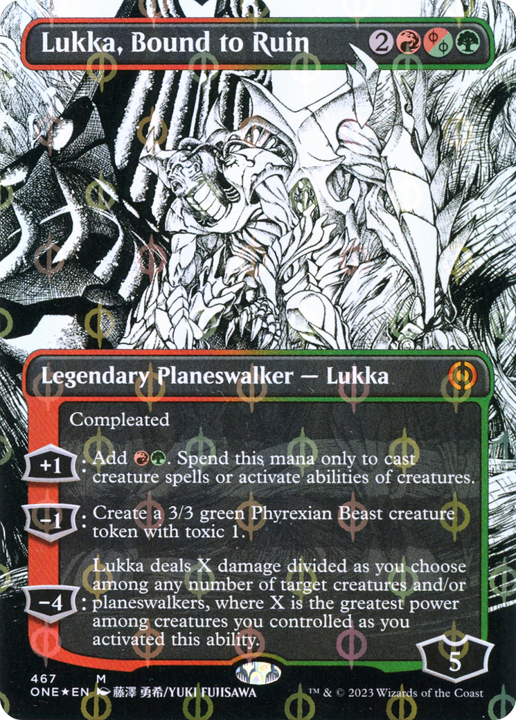 Lukka, Bound to Ruin (Borderless Manga Step-and-Compleat Foil) [Phyrexia: All Will Be One] | Dumpster Cat Games