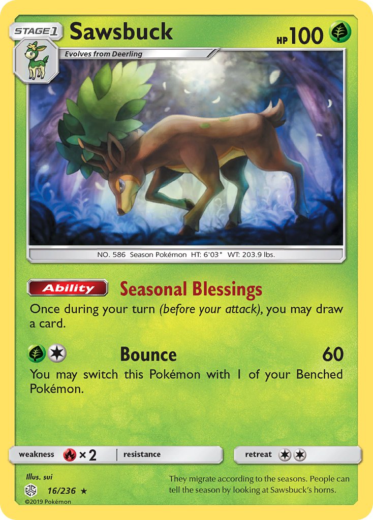 Sawsbuck (16/236) (Prerelease Kit Exclusive) (Theme Deck Exclusive) [Sun & Moon: Cosmic Eclipse] | Dumpster Cat Games