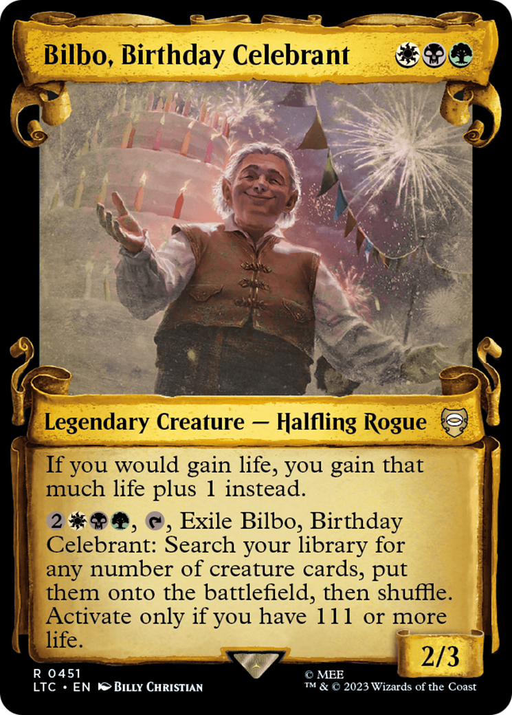 Bilbo, Birthday Celebrant [The Lord of the Rings: Tales of Middle-Earth Commander Showcase Scrolls] | Dumpster Cat Games