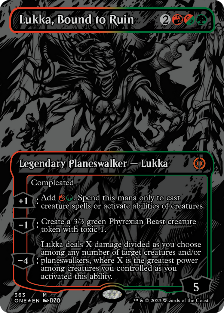 Lukka, Bound to Ruin (Oil Slick Raised Foil) [Phyrexia: All Will Be One] | Dumpster Cat Games