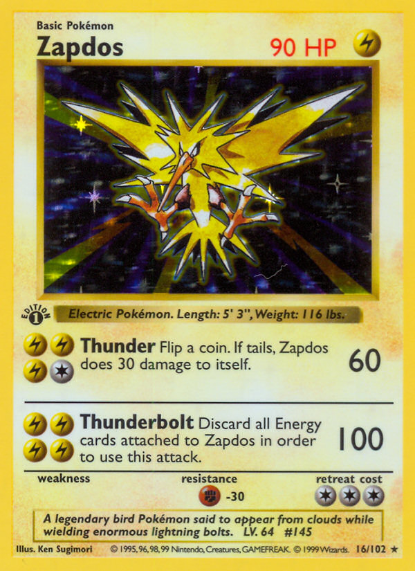 Zapdos (16/102) (Shadowless) [Base Set 1st Edition] | Dumpster Cat Games