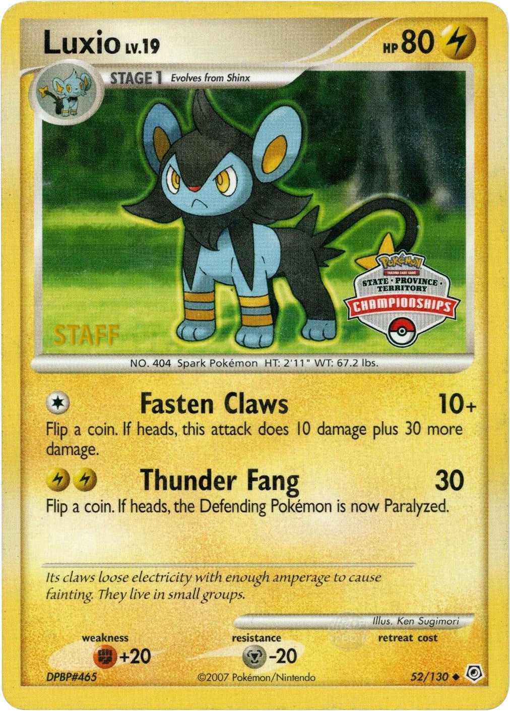 Luxio (52/130) (State Championship Staff Promo) [Diamond & Pearl: Base Set] | Dumpster Cat Games