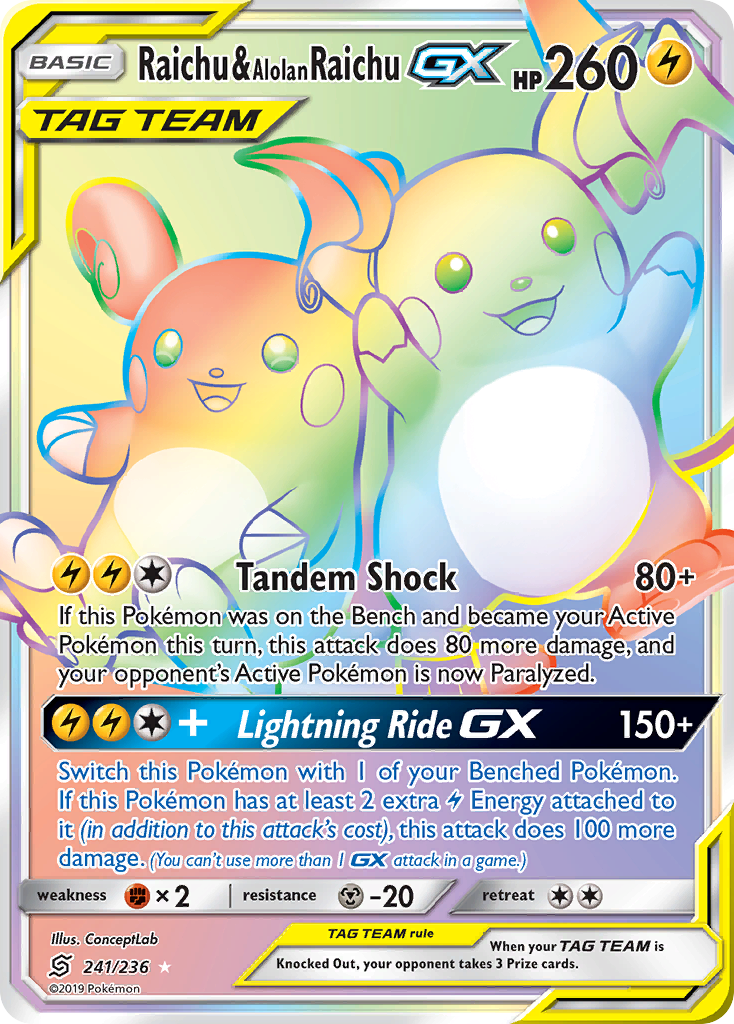 Raichu & Alolan Raichu GX (241/236) [Sun & Moon: Unified Minds] | Dumpster Cat Games