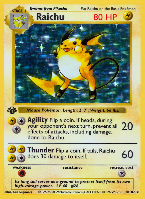 Raichu (14/102) (Shadowless) [Base Set 1st Edition] | Dumpster Cat Games