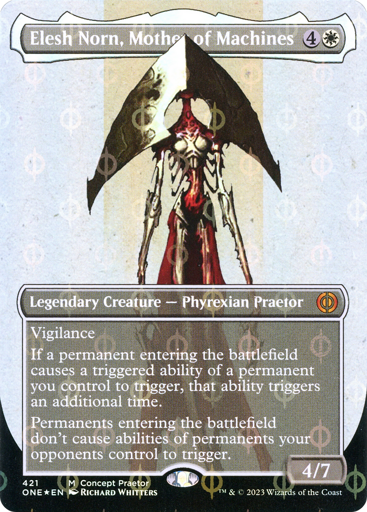 Elesh Norn, Mother of Machines (Borderless Concept Praetors Step-and-Compleat Foil) [Phyrexia: All Will Be One] | Dumpster Cat Games