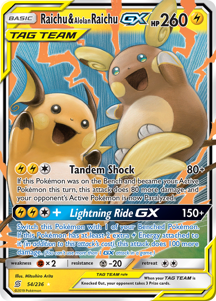 Raichu & Alolan Raichu GX (54/236) [Sun & Moon: Unified Minds] | Dumpster Cat Games