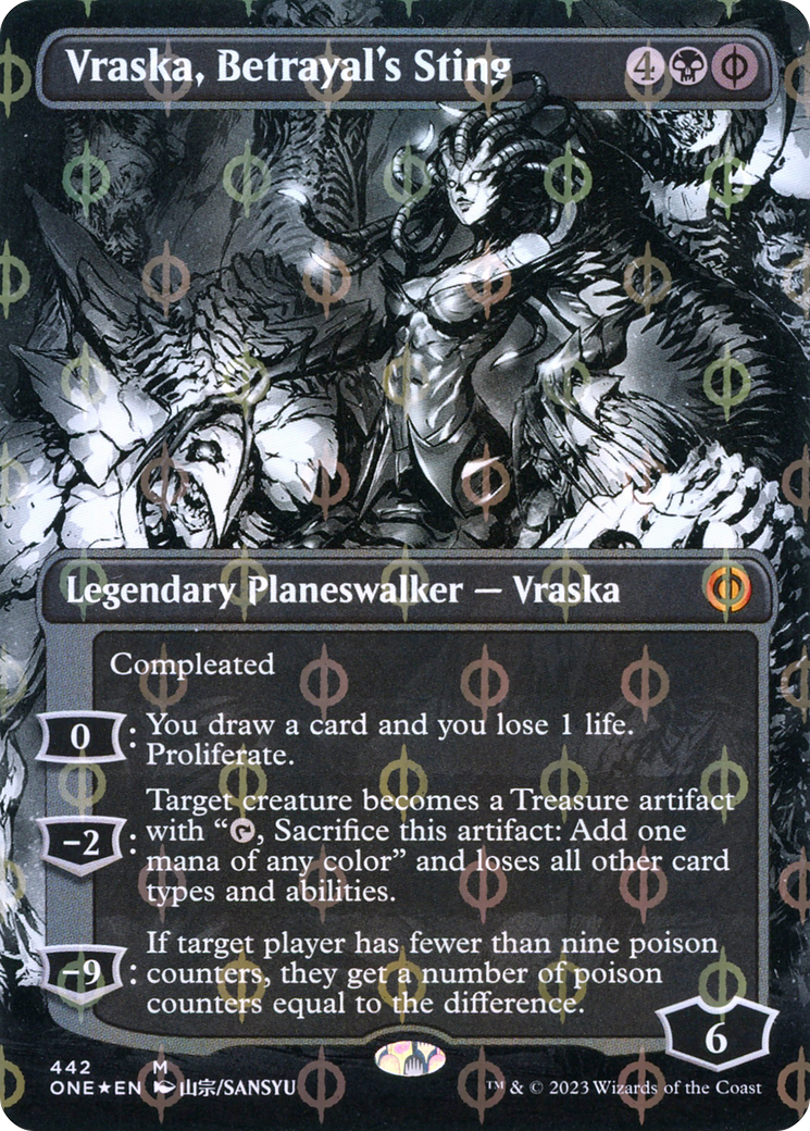 Vraska, Betrayal's Sting (Borderless Manga Step-and-Compleat Foil) [Phyrexia: All Will Be One] | Dumpster Cat Games