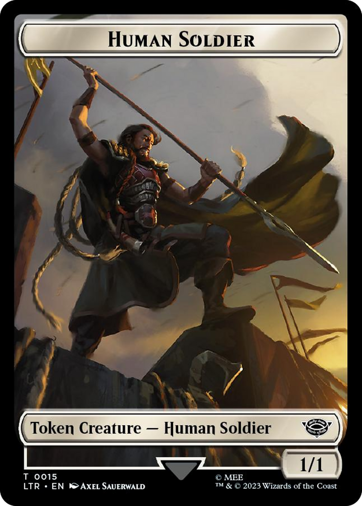 Human Soldier (0015) // Food (0022) Double-Sided Token (Surge Foil) [The Lord of the Rings: Tales of Middle-Earth Tokens] | Dumpster Cat Games