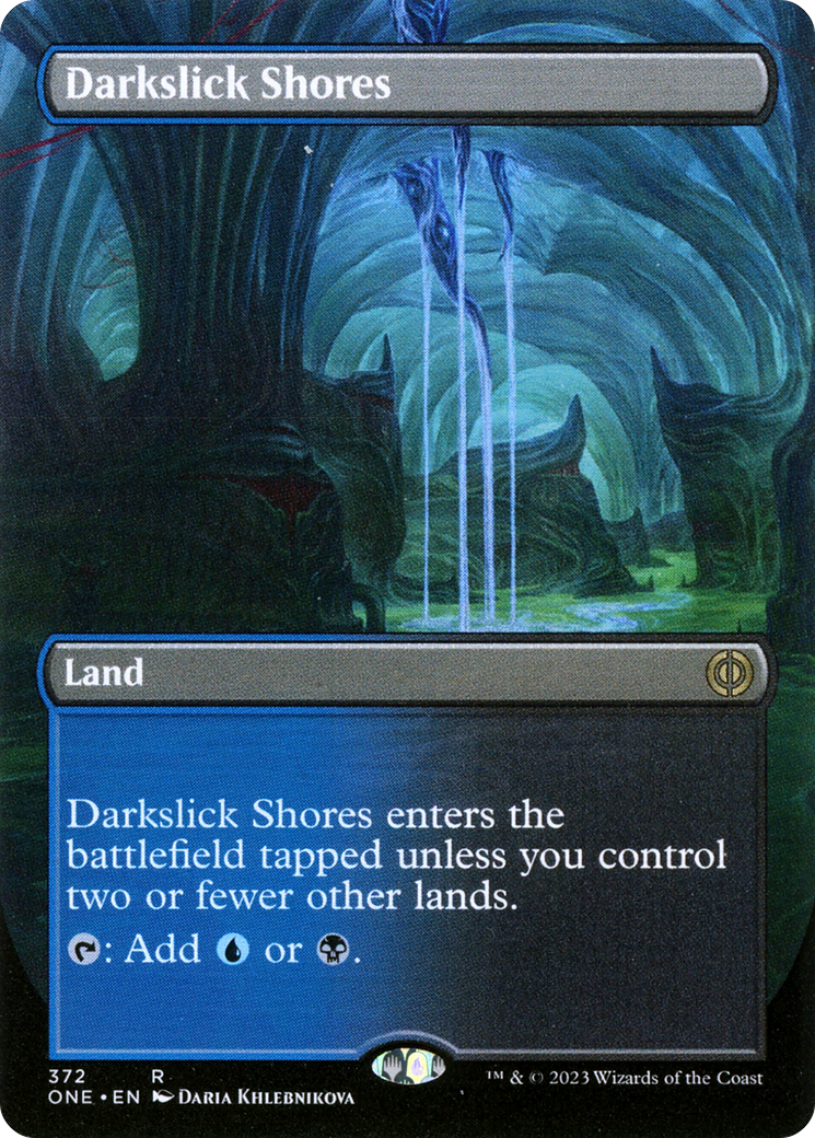 Darkslick Shores (Borderless Alternate Art) [Phyrexia: All Will Be One] | Dumpster Cat Games