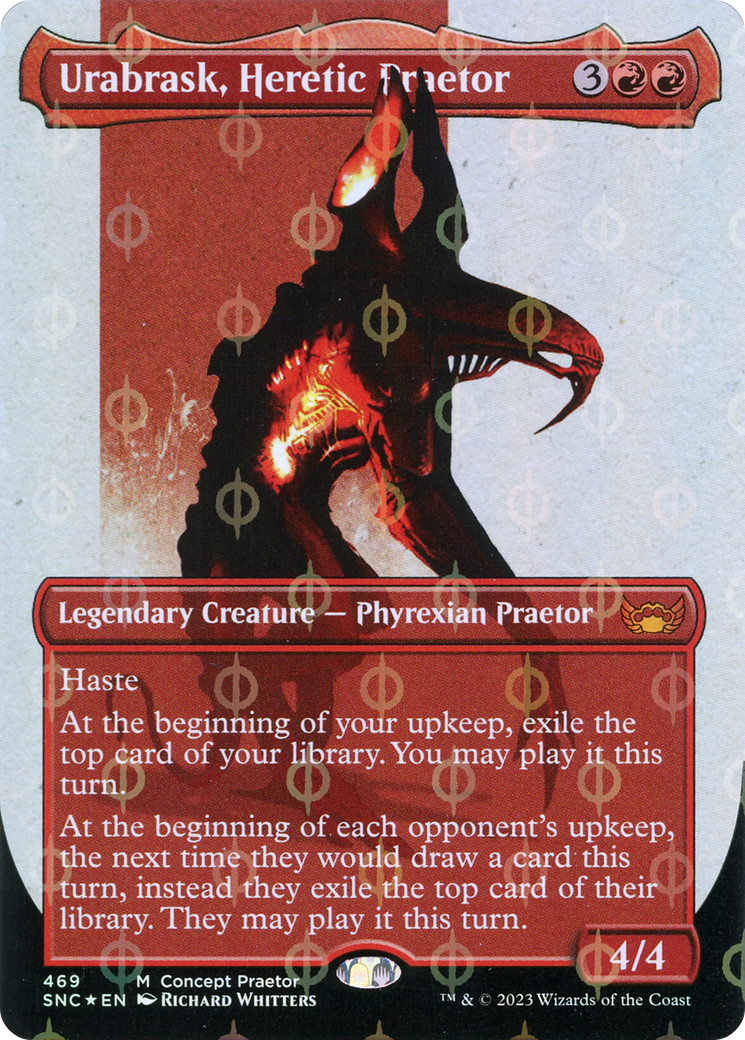 Urabrask, Heretic Praetor (Borderless Concept Praetors Step-and-Compleat Foil) [Phyrexia: All Will Be One] | Dumpster Cat Games