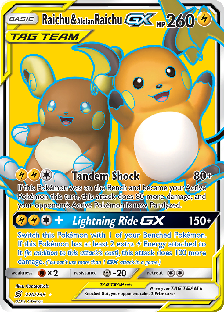 Raichu & Alolan Raichu GX (220/236) [Sun & Moon: Unified Minds] | Dumpster Cat Games