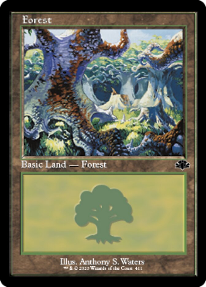 Forest (411) (Retro) [Dominaria Remastered] | Dumpster Cat Games