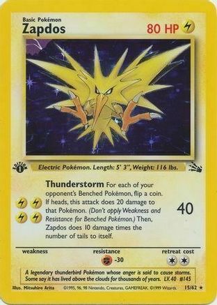 Zapdos (15/62) (Cosmos Holo) [Fossil 1st Edition] | Dumpster Cat Games