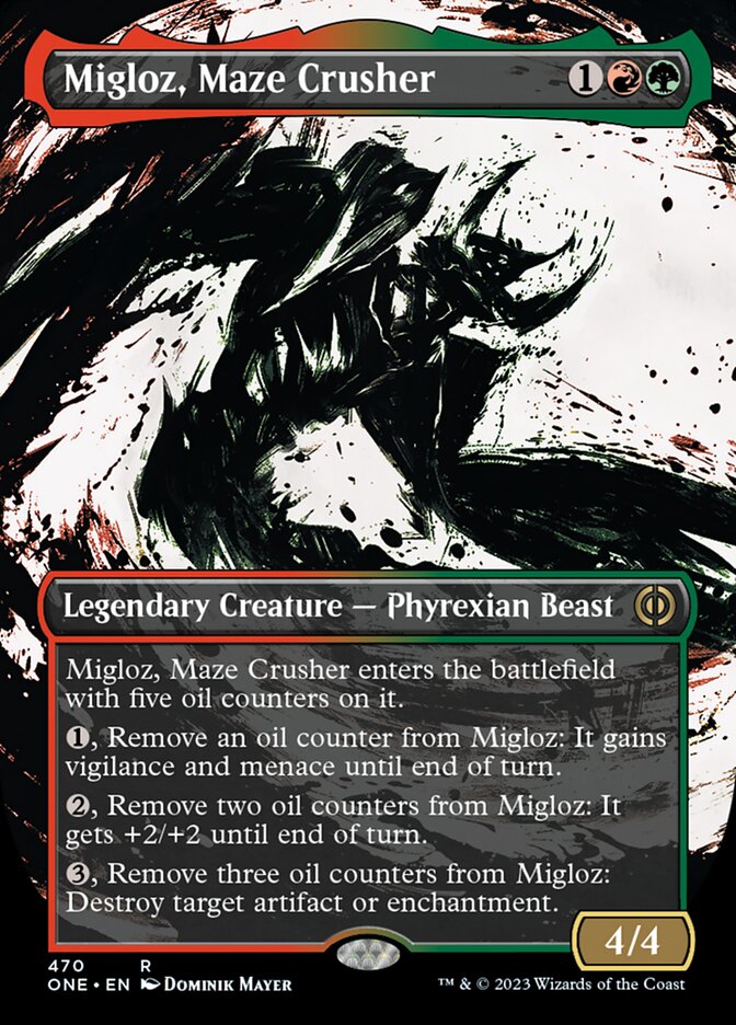 Migloz, Maze Crusher (Borderless Ichor Step-and-Compleat Foil) [Phyrexia: All Will Be One] | Dumpster Cat Games