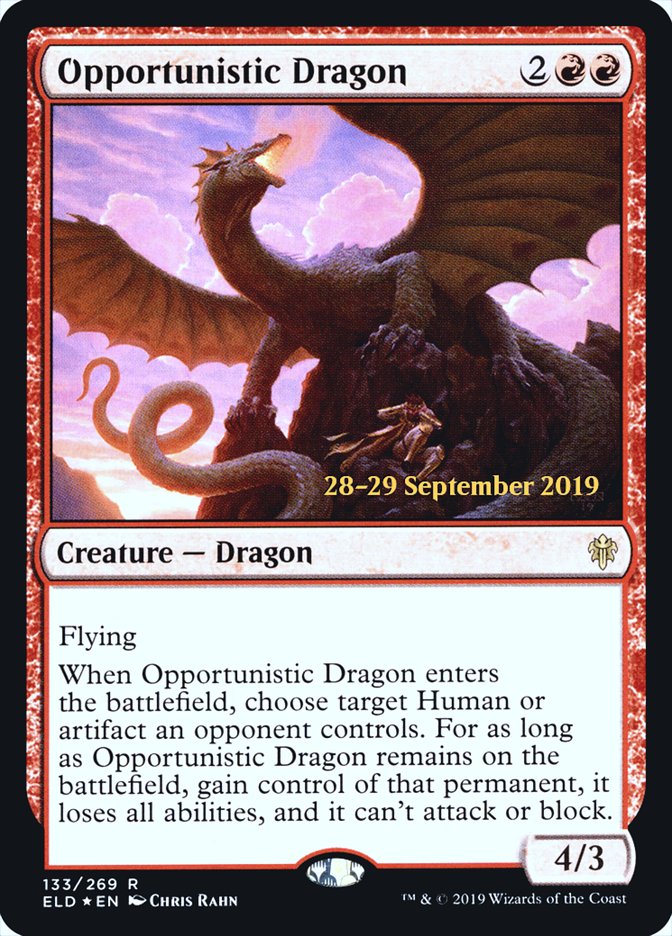 Opportunistic Dragon  [Throne of Eldraine Prerelease Promos] | Dumpster Cat Games